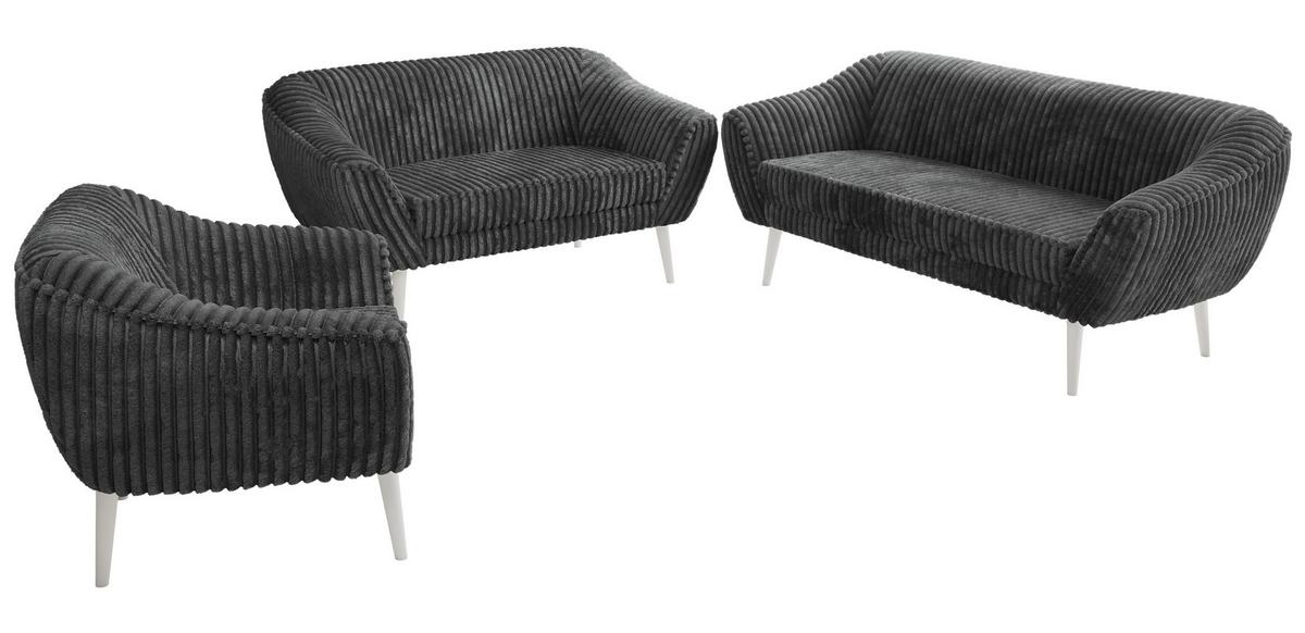 SITZGARNITUR PIRS 3+2+1 - Grau Cord - Weiße Beine - Weiß/Grau, Holzwerkstoff/Textil (180/75/74cm) - MKS