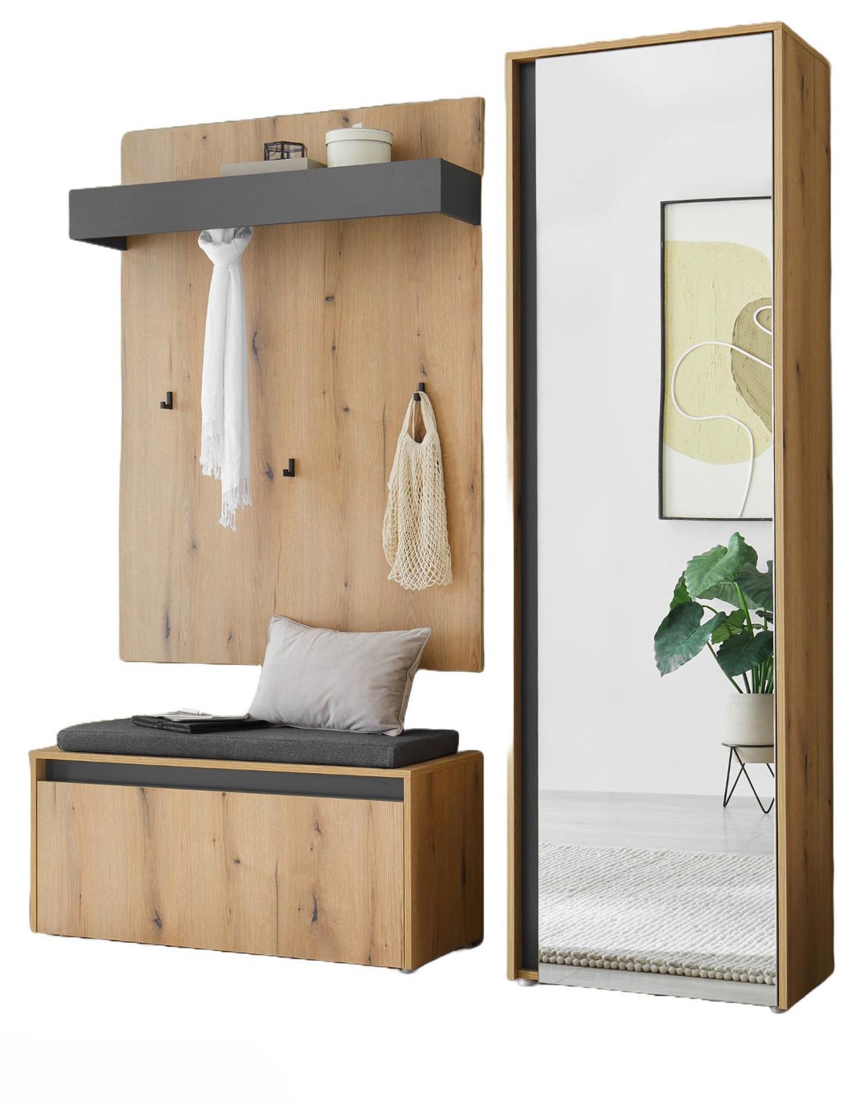 GARDEROBEN-SET 4-teilig Evoke Eiche, grau 170 cm, Garderobe inklusive Sitzkissen - Eichefarben/Schwarz, Glas/Holzwerkstoff (170/200/40cm) - Furn.Design