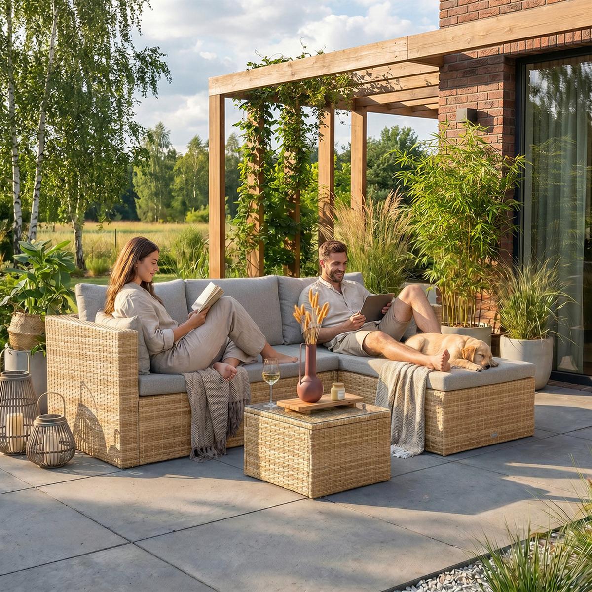 GARTENSET Sevilla, aus Technorattan, Ecksofa mit Couchtisch, Beige - Beige, Kunststoff - Beautysofa