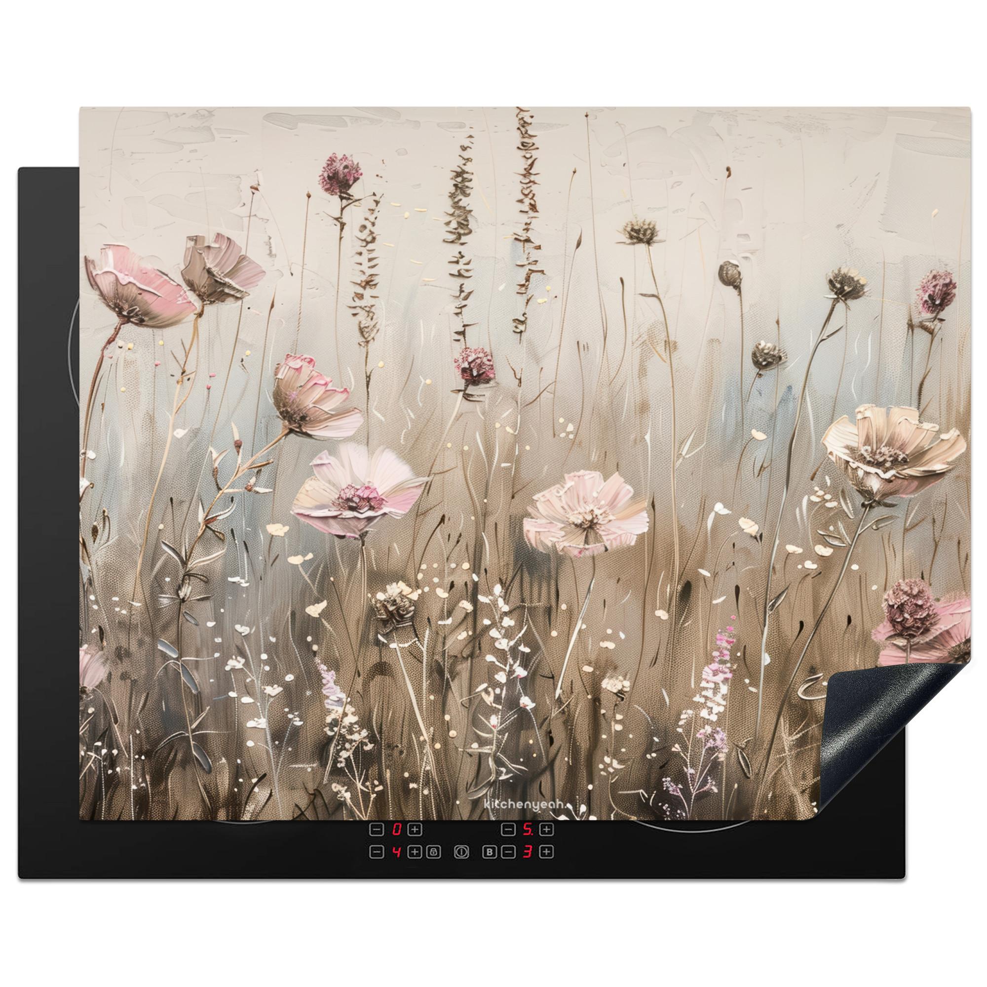 HERDABDECKPLATTE Blumen - Beige - Trockenblumen Herdabdeckung Induktionsfeld 65x52 cm - Beige, Kunststoff (65/52/0.2cm) - MuchoWow