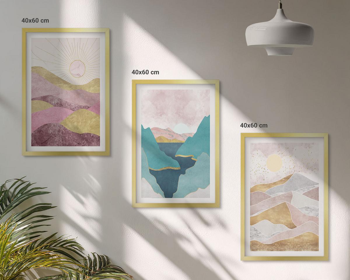 BILDER SET 3er Set - 40x60 cm Goldrahmen - Abstrakte Berge Sonne - Goldfarben, Kunststoff (40/60cm) - TULUP