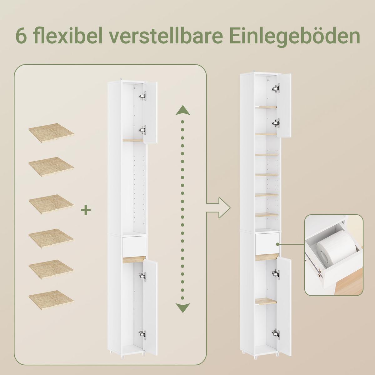 HOCHSCHRANK schmal Badschrank Weiß-Natur 20x180x20cm - Weiß/Naturfarben, Holzwerkstoff (20/180/20cm) - SoBuy