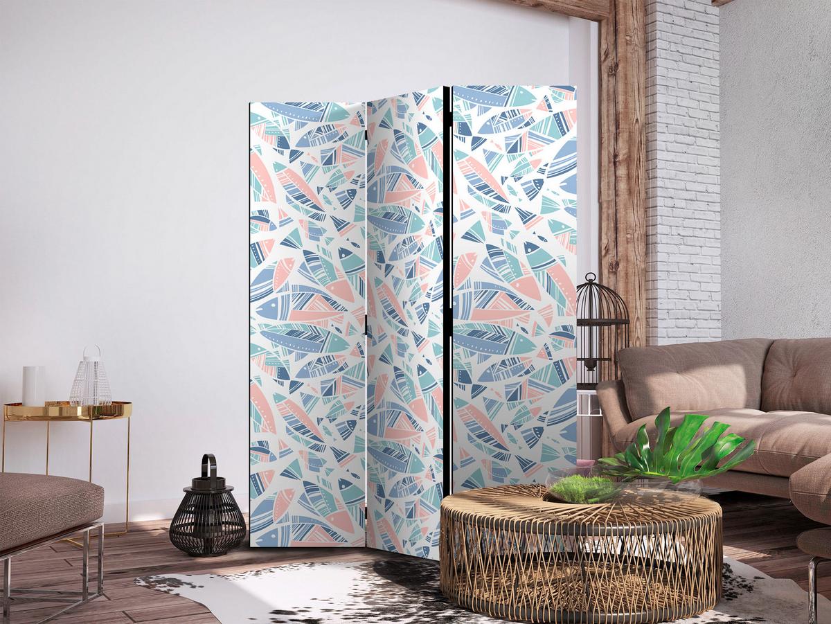 PARAVENT Akustik 3-tlg 135x172 cm Fische im Boho Stil - Multicolor, Holz/Textil (135/172/3cm) - Muralo