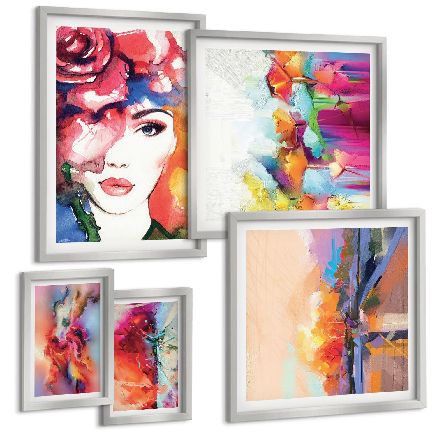 BILDER SET 5er Set - 50x50 cm & 20x30 cm & 40x60 cm Silberner Rahmen - Italienische Flüsse, Hügel, Straße - Silberfarben, Kunststoff (40/60cm) - TULUP