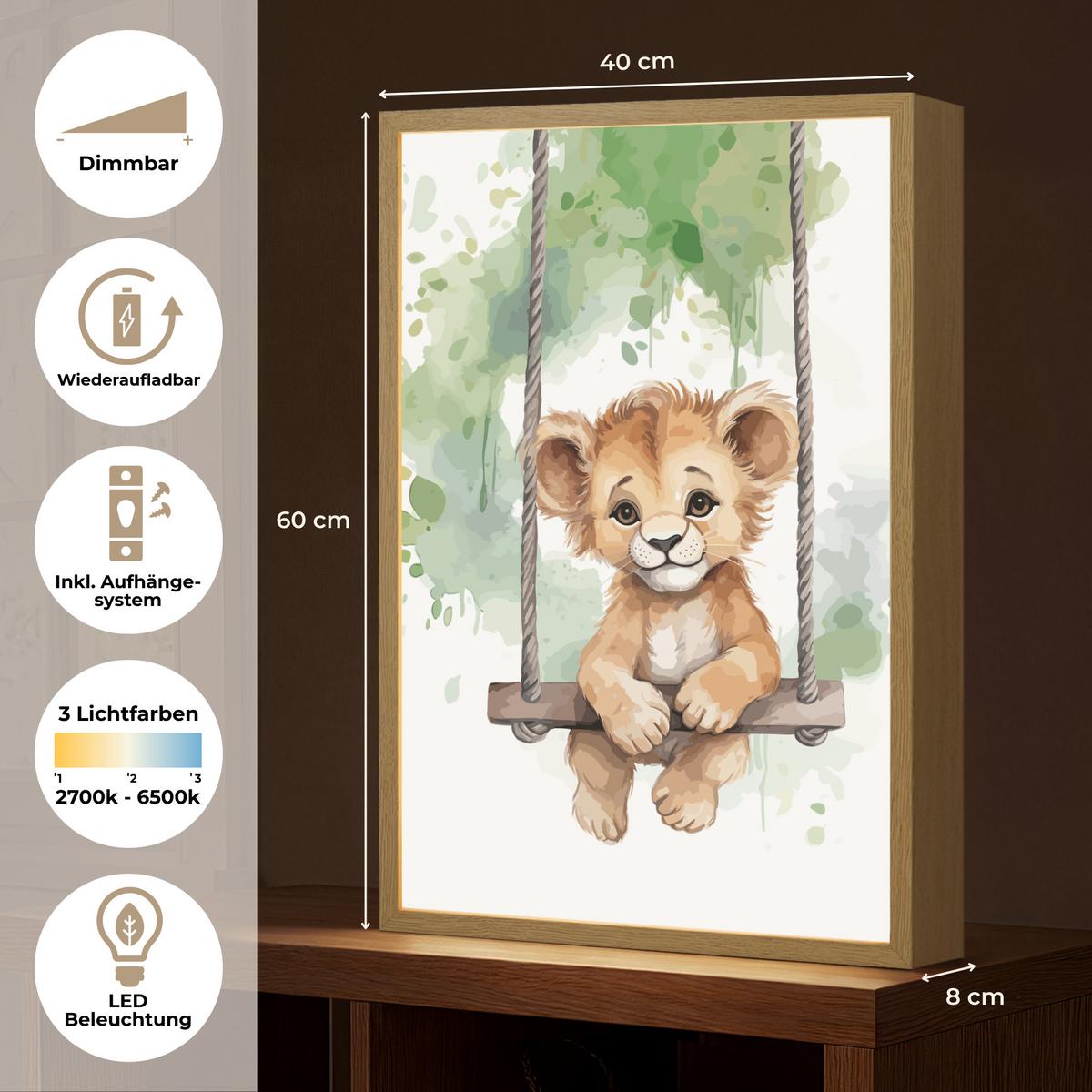 WANDLEUCHTE MIT AKKU Löwe - Tier - Kinder - Dschungel 40x60 cm - Weiß, Holzwerkstoff (40/60/8cm) - OnlyWow