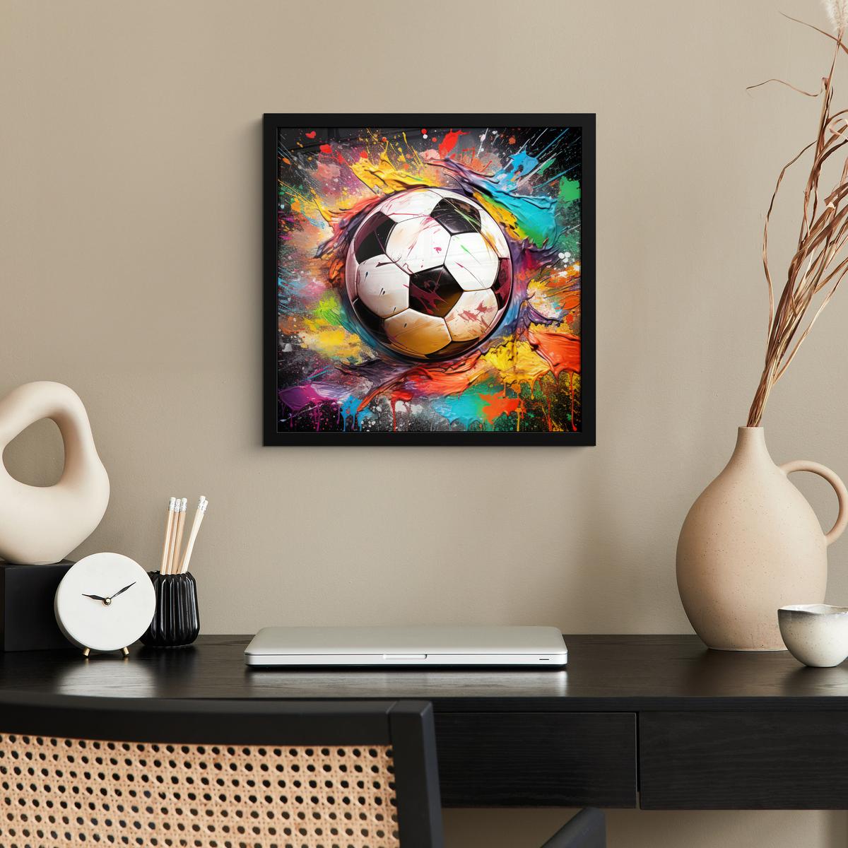 POSTER MIT RAHMENGERAHMTES BILD Fußball - Farbe - Farben - Schwarz - Weiß 40x40 cm - Weiß, Papier (40/40cm) - MuchoWow