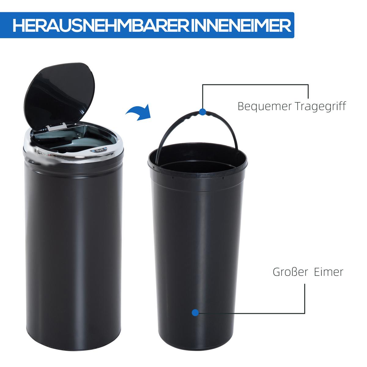SENSOR-MÜLLEIMER 42L, Elektrisch Automatischer Abfalleimer mit Deckel, Rostfrei - Schwarz, Metall (30.5/68/30.5cm) - HOMCOM