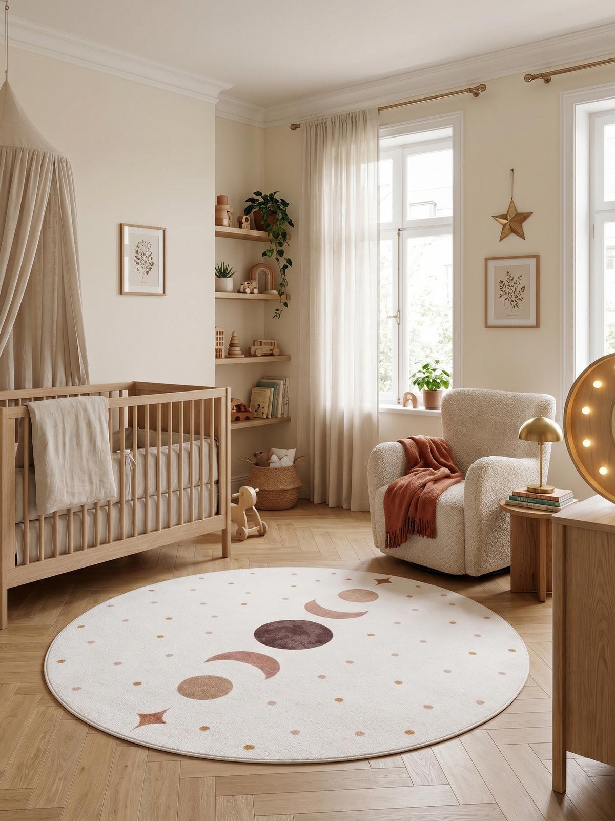 TEPPICH Kurzflor Waschbar TINO in Creme, mit Mondphasen-Motiv, Ø 160 cm - Beige, Textil (160/160cm) - KADIMA DESIGN