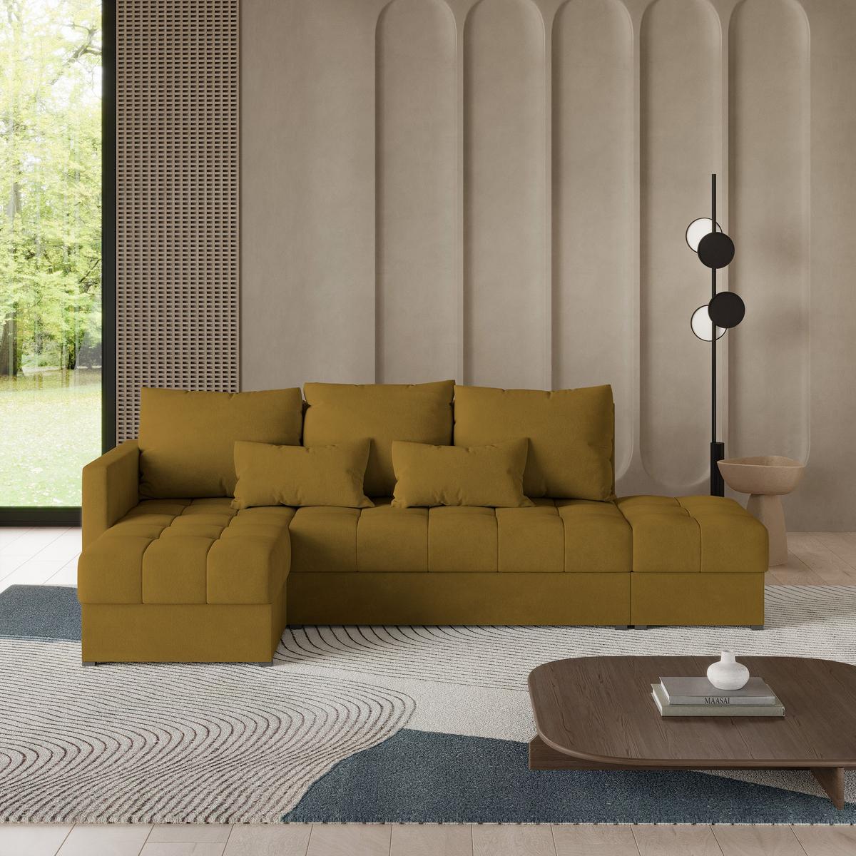 ECKSOFA LUMARI L-S Gelb Plüsch-Stoff mit Schlaffunktion - Gelb, Holz (262/143cm) - MASSENO