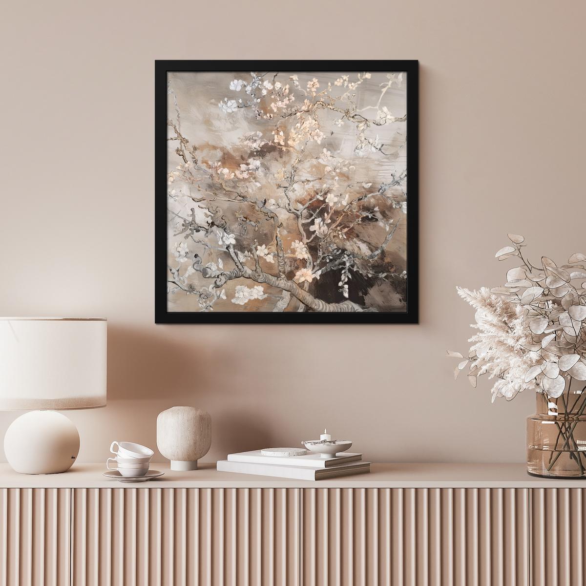 POSTER MIT RAHMENGERAHMTES BILD Mandelblüte - Kunst - Van Gogh - Beige - Abstrakt 40x40 cm - Braun, Papier (40/40cm) - MuchoWow