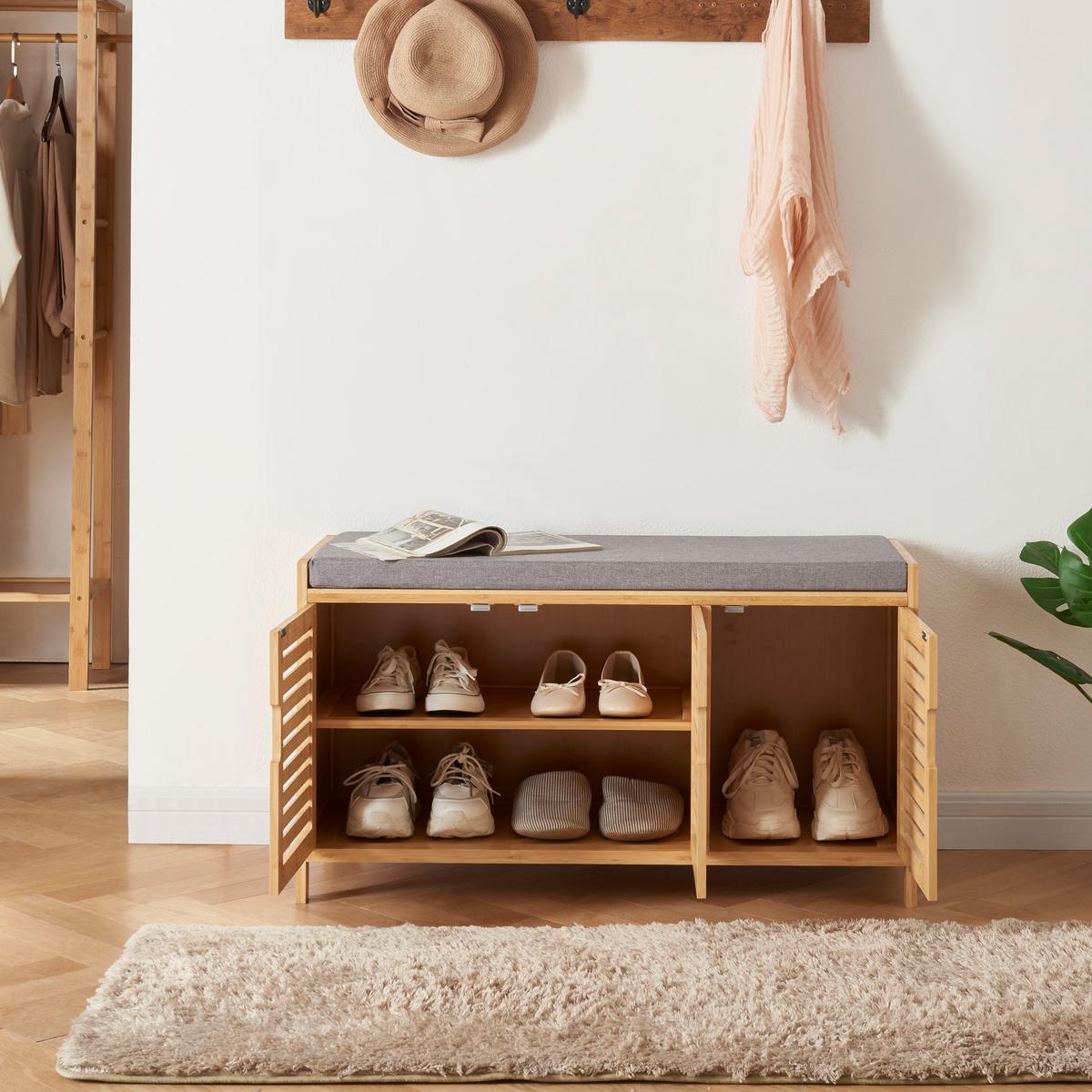 SCHUHSCHRANK Selk mit Sitzfläche - Naturfarben, Holz (90/50/35cm) - [en.casa]