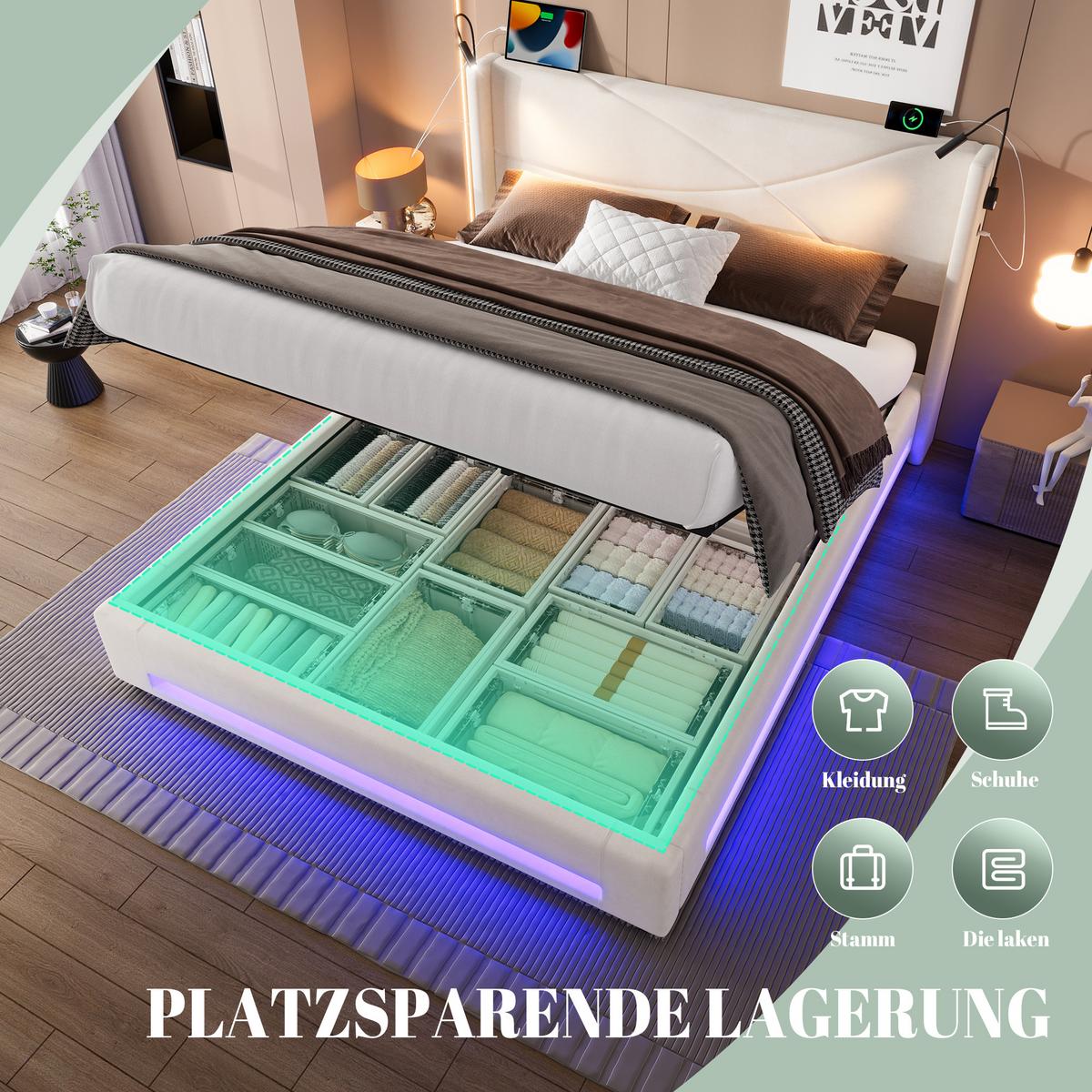 POLSTERBETT Samt Beige 140x200 cm mit LED Beleuchtung & USB-Ladestation - Beige, Textil (140/200cm) - Urban Meuble
