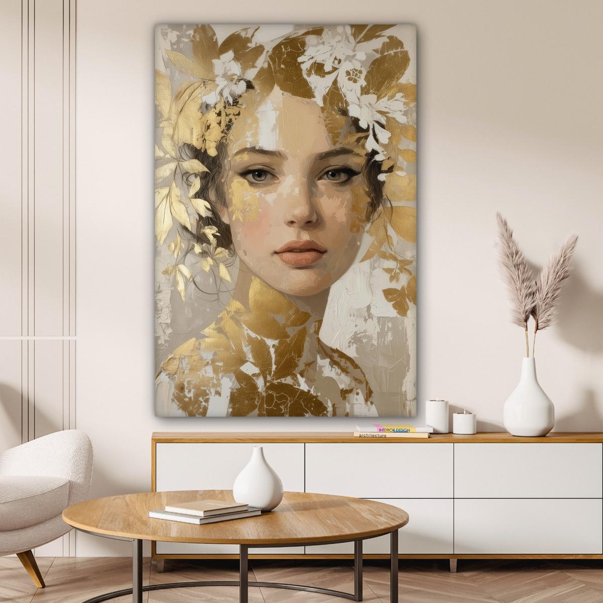 LEINWANDBILD Gesicht - Frau - Blätter - Gold Deko XXL 80x120 cm - Beige, Textil (80/120cm) - MuchoWow