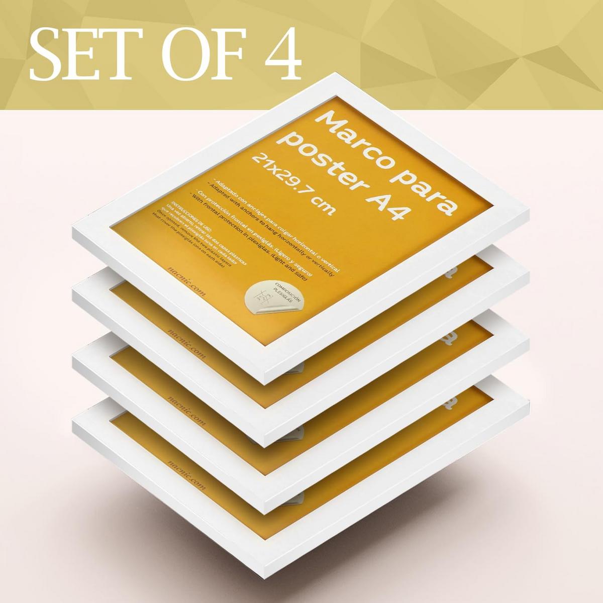 RAHMEN Set mit 4 aus MDF und Acrylglas Schutz und Aussteller für Fotografien, Bilder, Poster, Gemälde, Dekoration für Haus Farbe Weiß A4 - Weiß, Holz (21/3cm) - Nacnic