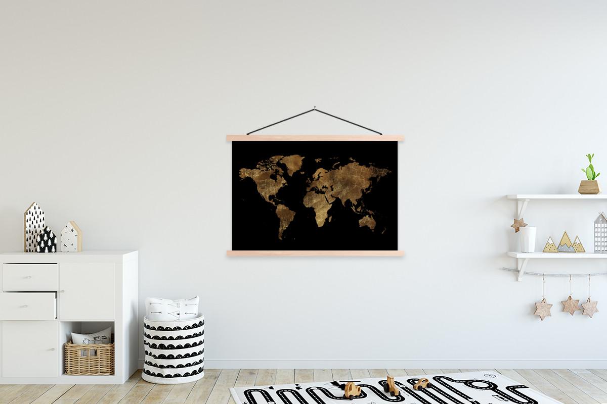 POSTER MIT MAGNETLEISTEN Weltkarte - Gold - Luxus - Erde - Schwarz Magnetleiste 120x80 cm - Goldfarben, Textil (120/80/0.15cm) - MuchoWow