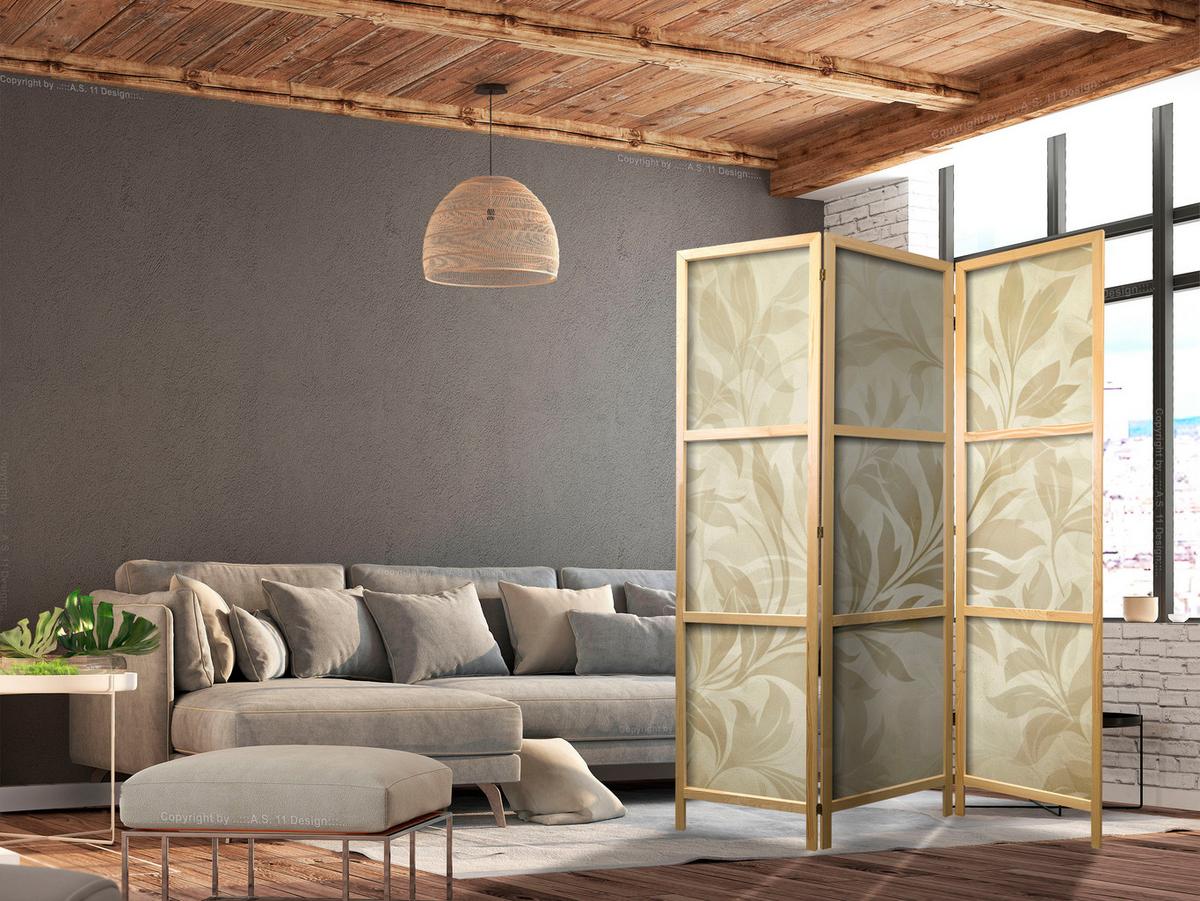 PARAVENT Japanischer 3-tlg 135x172 cm Retro Bl tter - Beige, Holz/Textil (135/172/3cm) - Muralo