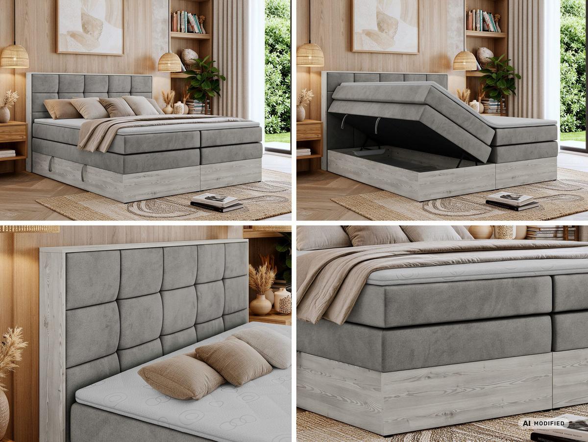 BOXSPRINGBETT ALNOR KING 140/200 - Hellgrau Velvet - Topper Visco - H4 - Hellgrau/Schwarz, Kunststoff/Textil (140/200cm) - MKS