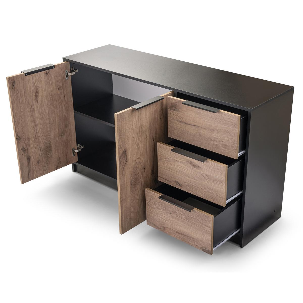 KOMMODE SION 138/81/41cm mit 3 Schubladen 2 Türen Schwarz - Eichefarben/Schwarz, Holzwerkstoff (138/81/41cm) - MASSENO