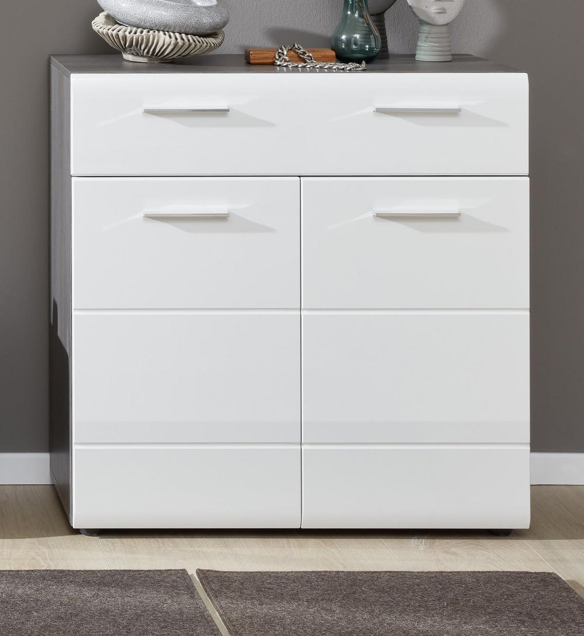 SCHUHKOMMODE Hochglanz weiß, Sardegna grau 80 x 87 cm, Flurkommode 2-türig - Weiß Hochglanz/Silberfarben, Holzwerkstoff/Kunststoff (80/87/35cm) - Top.Furn