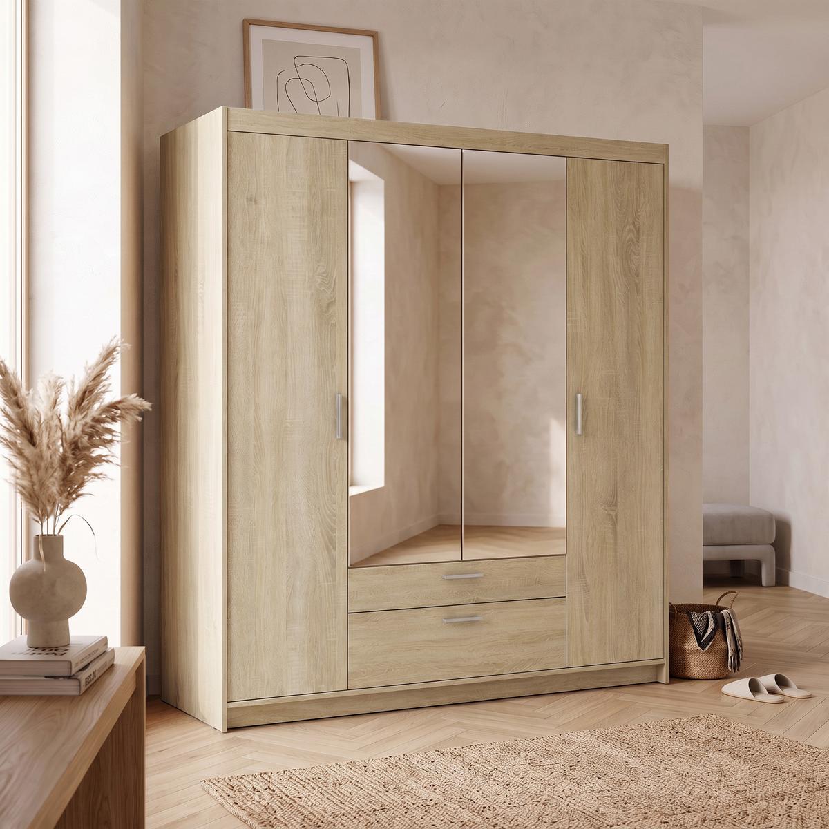 DREHTÜRENSCHRANK Elena mit 4 Türen, 2 Schubladen und Spiegel, 176 cm, Sonoma Eiche - Sonoma Eiche, Holzwerkstoff (176/190/53cm) - Beautysofa