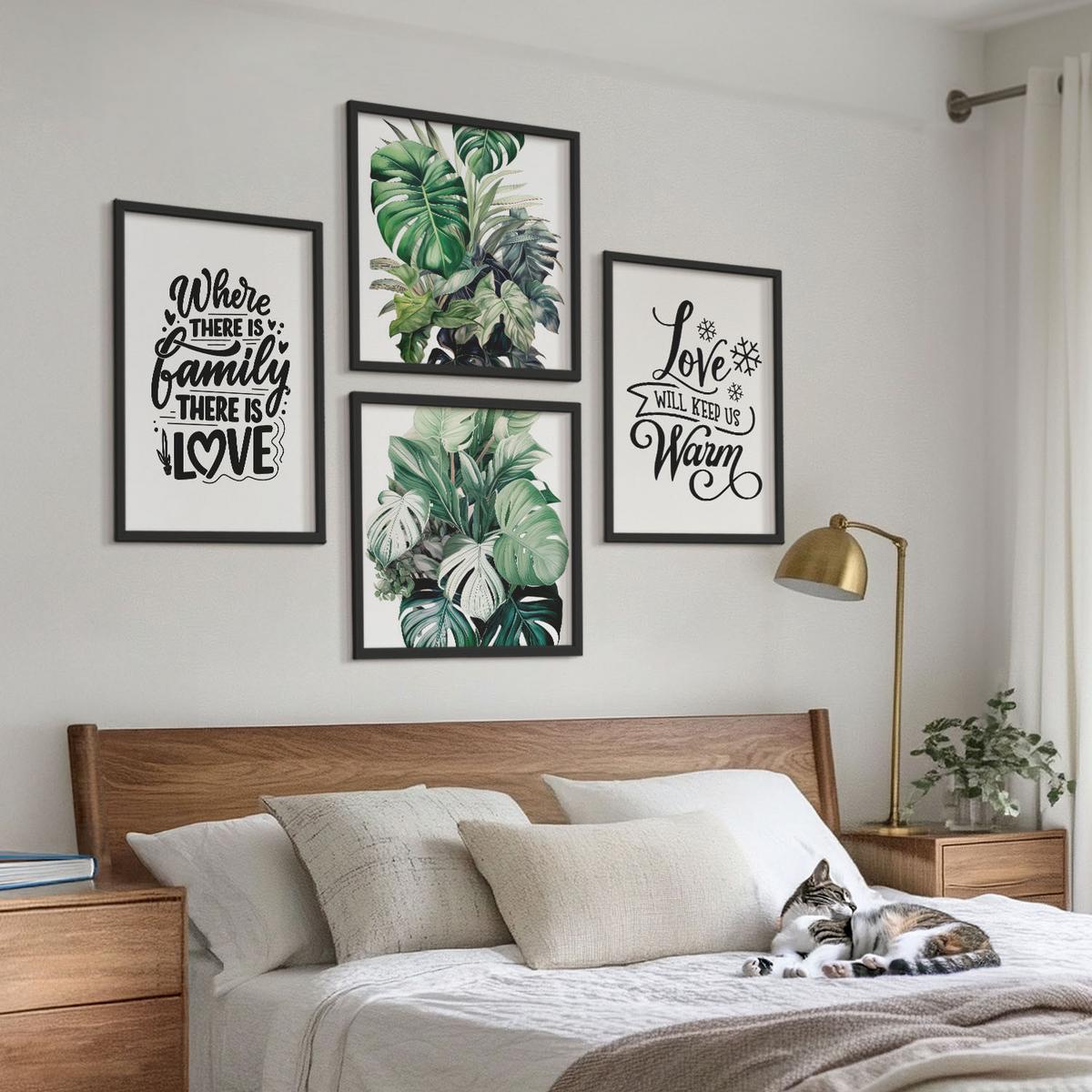 BILDER SET 4er Set - 50x50 cm & 40x60 cm Schwarzer Rahmen - Familie liebt Zuhause Aquarell - Schwarz, Kunststoff (50/50cm) - TULUP