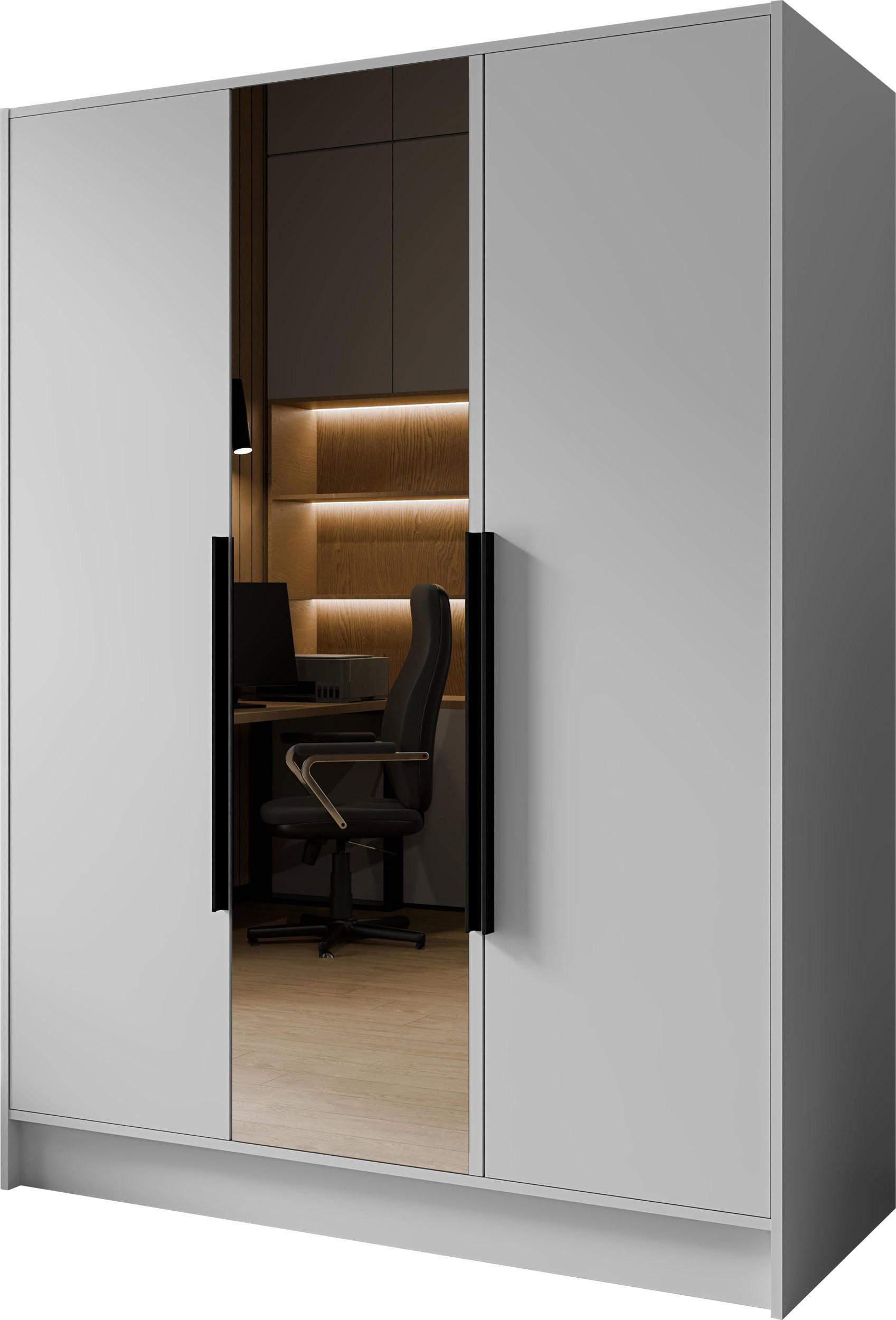 KLEIDERSCHRANK Mono Lux mit Speigel, Drehtüren mit Schwarze Metallgriffe, Weiß 150/200/51 cm - Schwarz/Weiß, Holzwerkstoff (150/200/51cm) - WFL GROUP