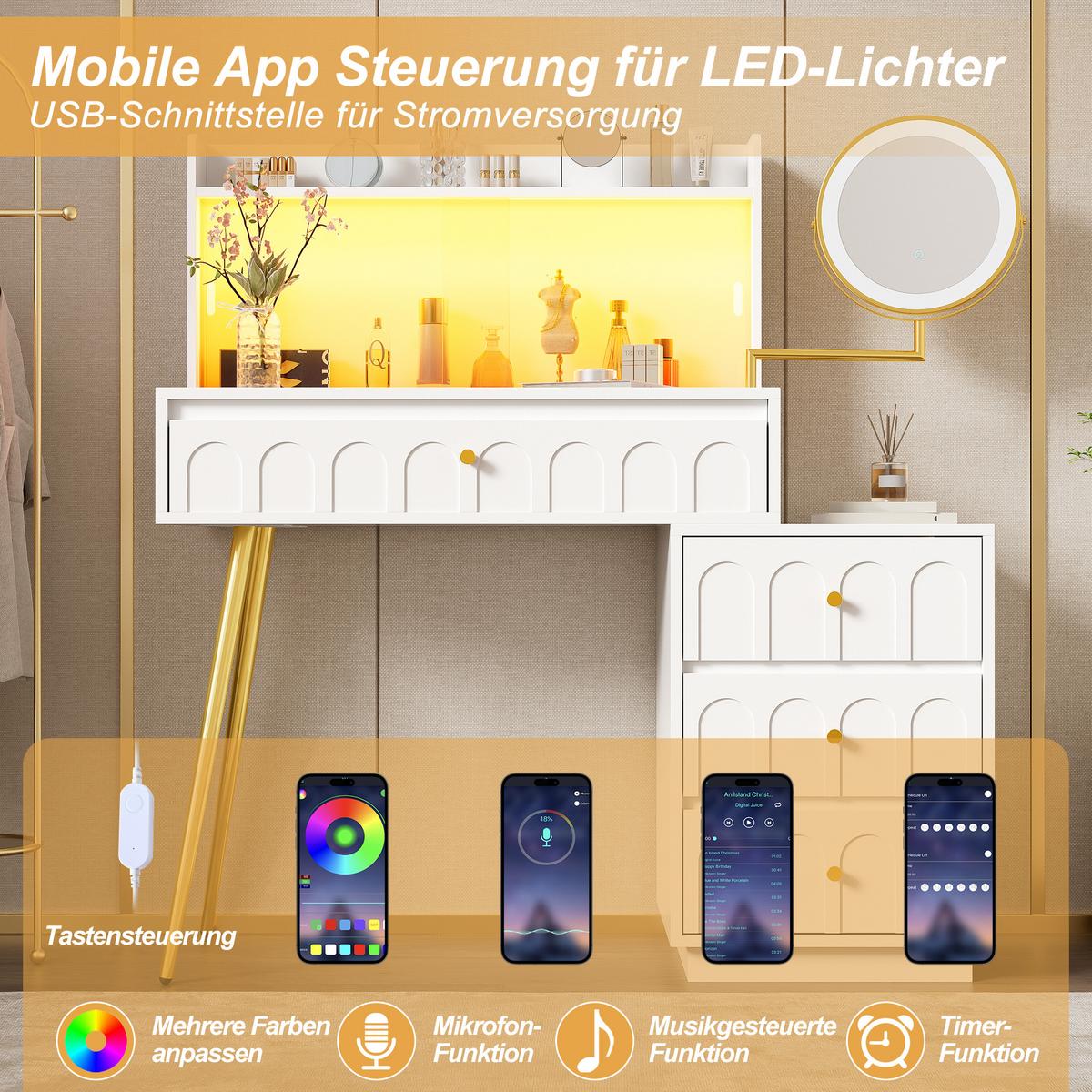 SCHMINKTISCH weiß mit 360° LED-Spiegel, Glasschiebetüren & 4 Schubladen - Weiß, Holzwerkstoff (112/116/34.5cm) - Urban Meuble