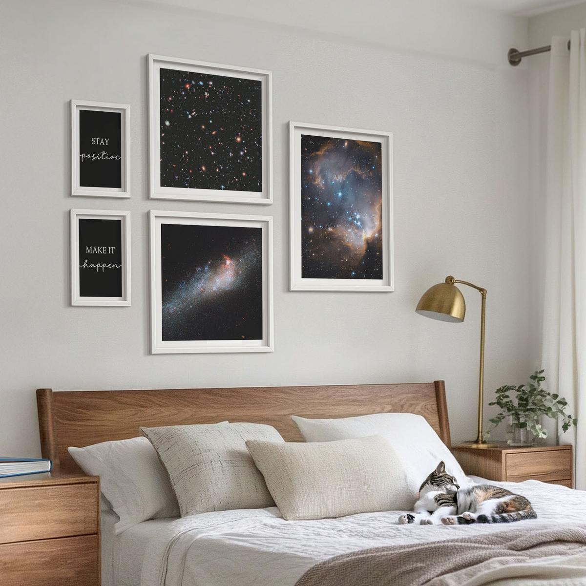BILDER SET 5er Set - 50x50 cm & 20x30 cm & 40x60 cm Weißer Rahmen - Motivationsslogans Sterne Weltraum - Weiß, Kunststoff (40/60cm) - TULUP