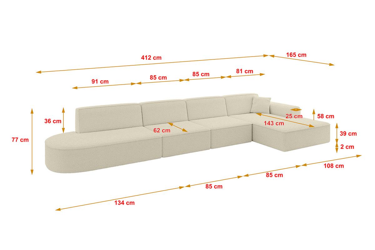 ECKSOFA Ottomane Rechts IREA-L3-v3 - 412x165x77 cm Beige - Hellbraun/Creme, Holzwerkstoff/Textil (412/165cm) - ALTDECOR