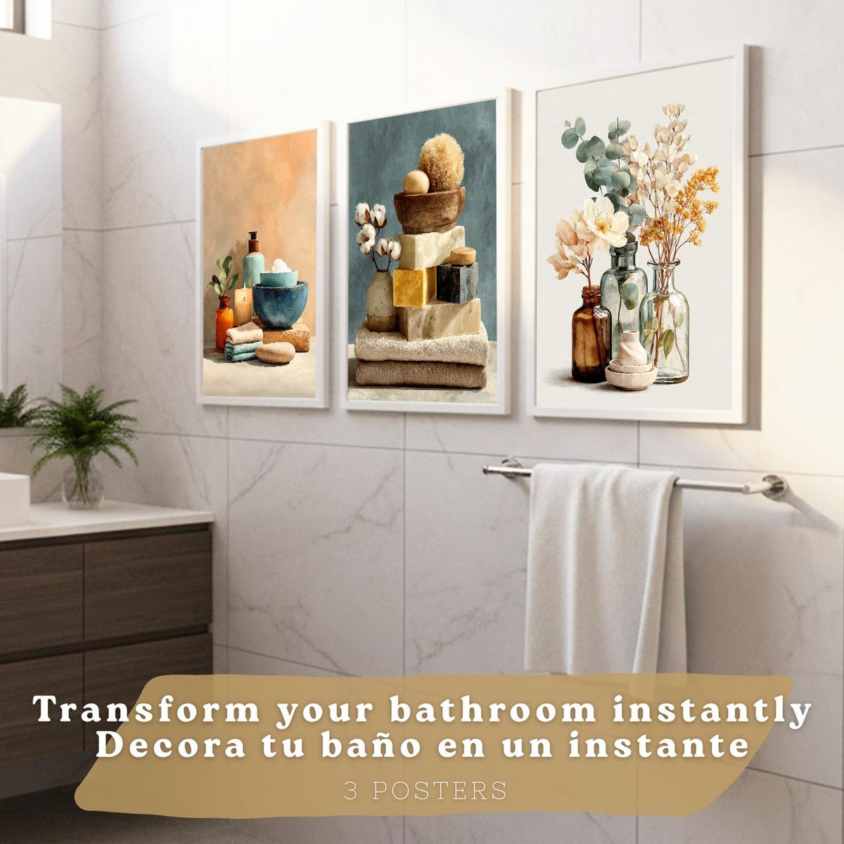 POSTER 3er-Set dekorative Badezimmer-Wandbilder und für Waschbecken, Dusche, WC mit Kerzen, Seifen und Blumen, farbenfroher Naturstil Rahmenlos A3 - Klar, Papier (42/29.7/3cm) - Nacnic
