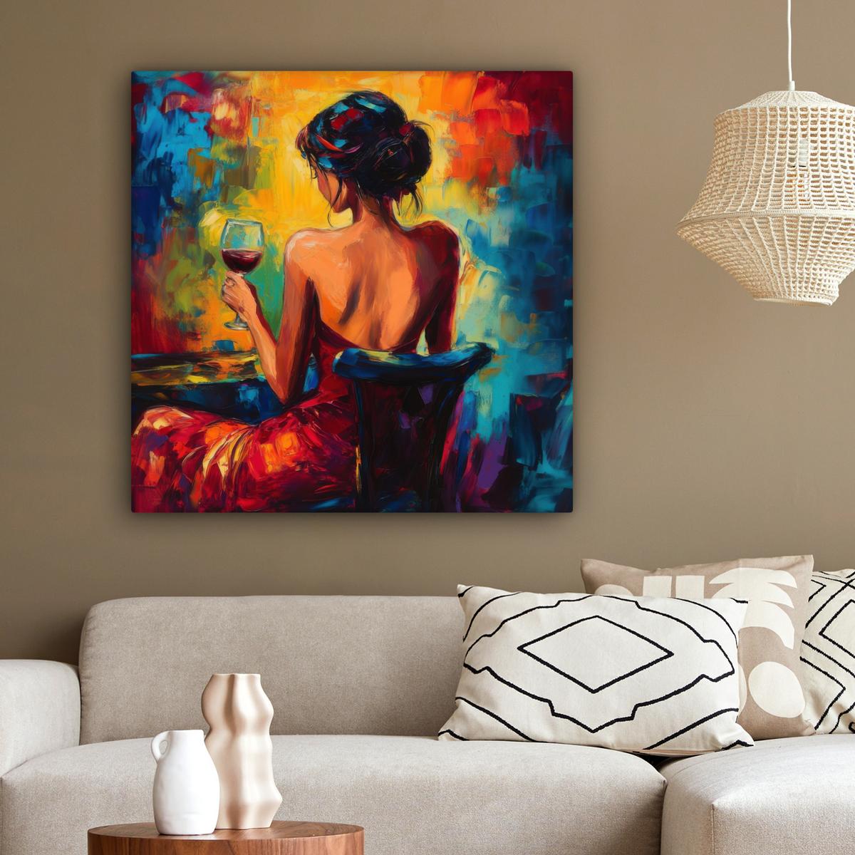 LEINWANDBILD Wein - Frau - Stimmungsvoll - Farbenfroh Deko Groß 90x90 cm - Bordeaux, Textil (90/90cm) - MuchoWow