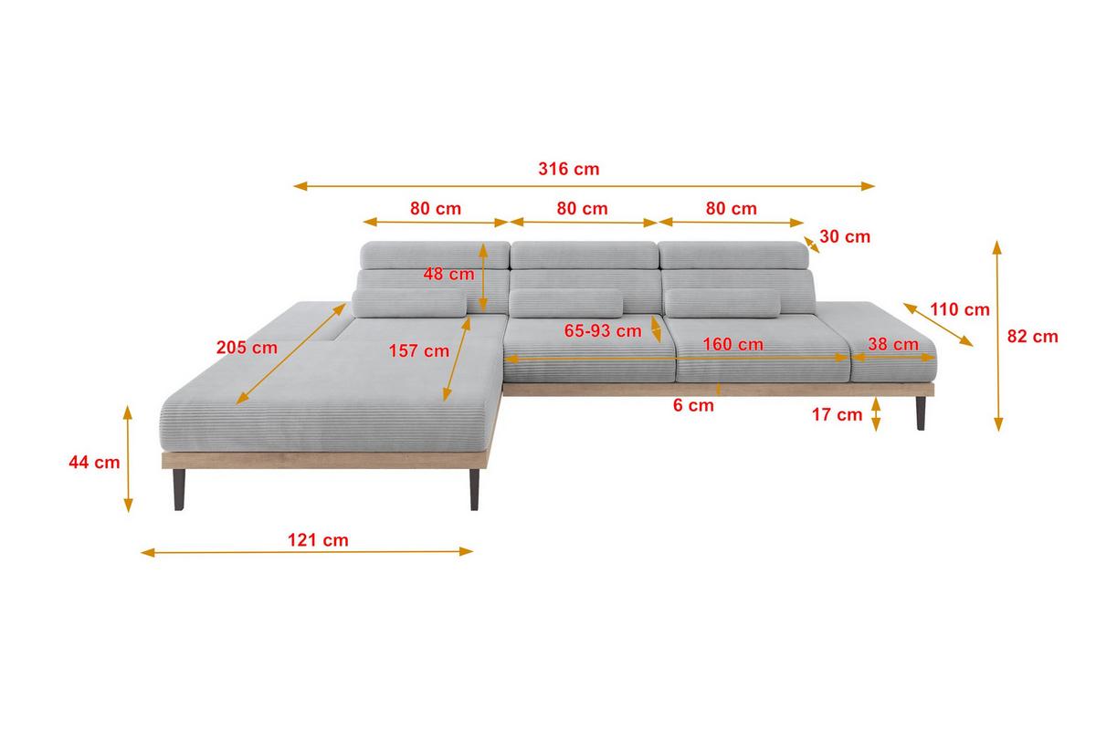 ELEKTRISCHES ECKSOFA Links MONA 316x205x85 Grau Cord - Schieferfarben/Grau, Holzwerkstoff/Textil (316/205cm) - ALTDECOR