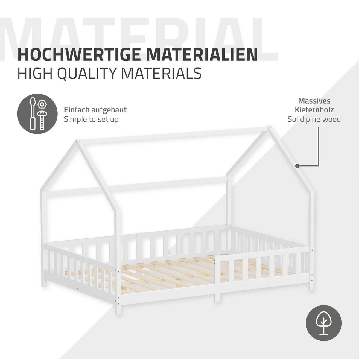 KINDERBETT 140x200 cm mit Rausfallschutz Weiß aus massivem Kiefernholz - Weiß, Holz (140/200cm) - ML-DESIGN