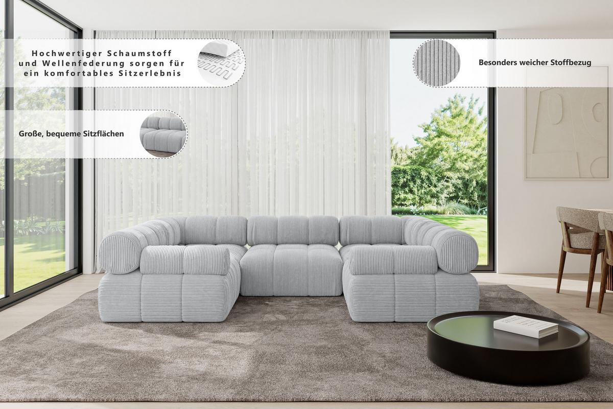 WOHNLANDSCHAFT modulares Sofa Birno-U1 - 285x190x70 cm Hellgrau Bouclé - Hellgrau, Holzwerkstoff/Textil (285/70/190cm) - ALTDECOR