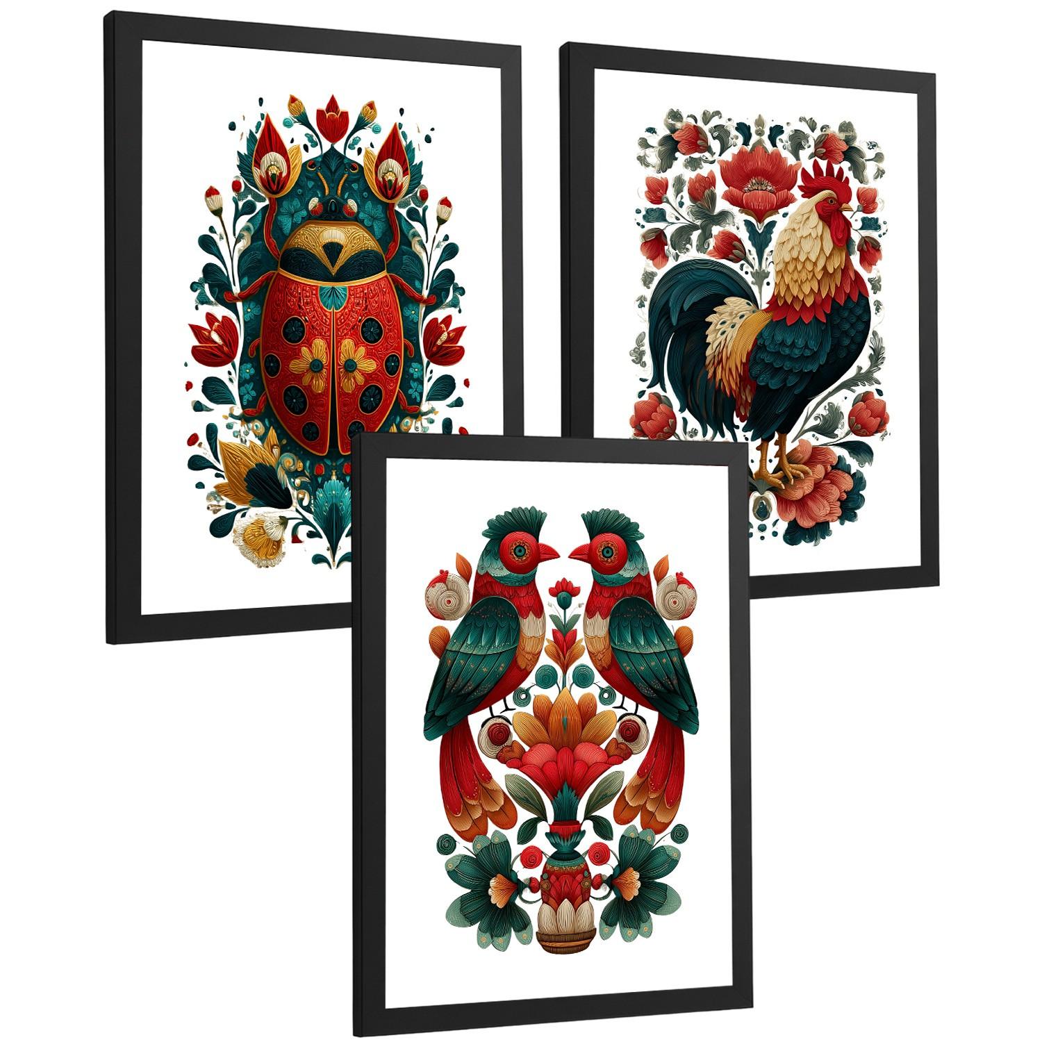POSTER 3er-Set Kunstdrucke im Folk-Stil, dekorative Tier Blumenmotive, farbenfrohe Kunstposter für Zuhause, Wohnzimmer, Badezimmer Schwarzer Rahmen A3 - Schwarz, Papier (42/29.7/3cm) - Nacnic