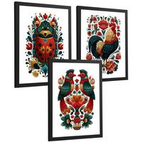 POSTER 3er-Set Kunstdrucke im Folk-Stil, dekorative Tier Blumenmotive, farbenfrohe Kunstposter für Zuhause, Wohnzimmer, Badezimmer Schwarzer Rahmen A3 - Schwarz, Papier (42/29.7/3cm) - Nacnic