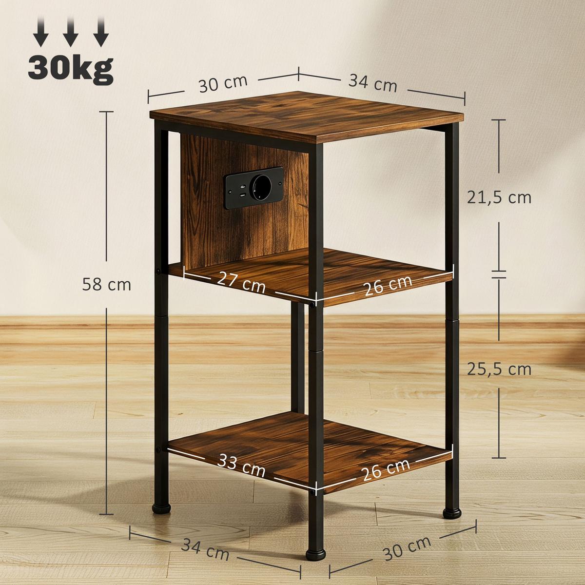 BEISTELLTISCH Spanplatte Stahl Rustikal-Braun - Schwarz/Braun, Holzwerkstoff/Metall (34/30/58cm) - HOMCOM