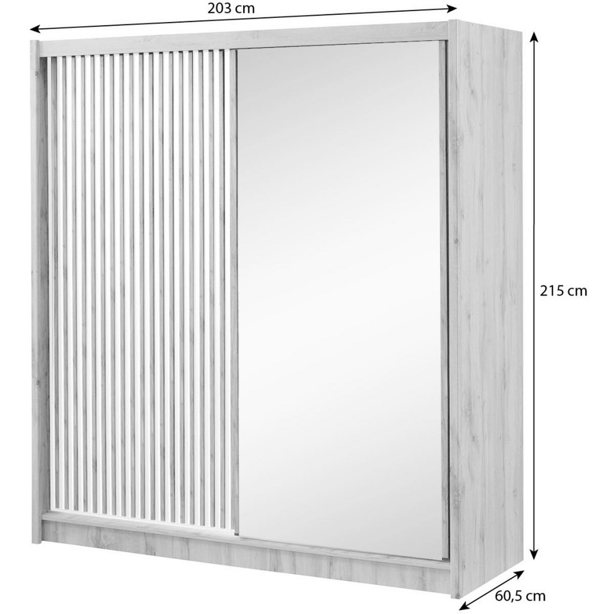 SCHWEBETÜRENSCHRANK Leroy mit Spiegel und Lamellen, 203 cm, Weiß+eiche Wotan - Weiß, Holzwerkstoff (203/215/60.5cm) - Beautysofa