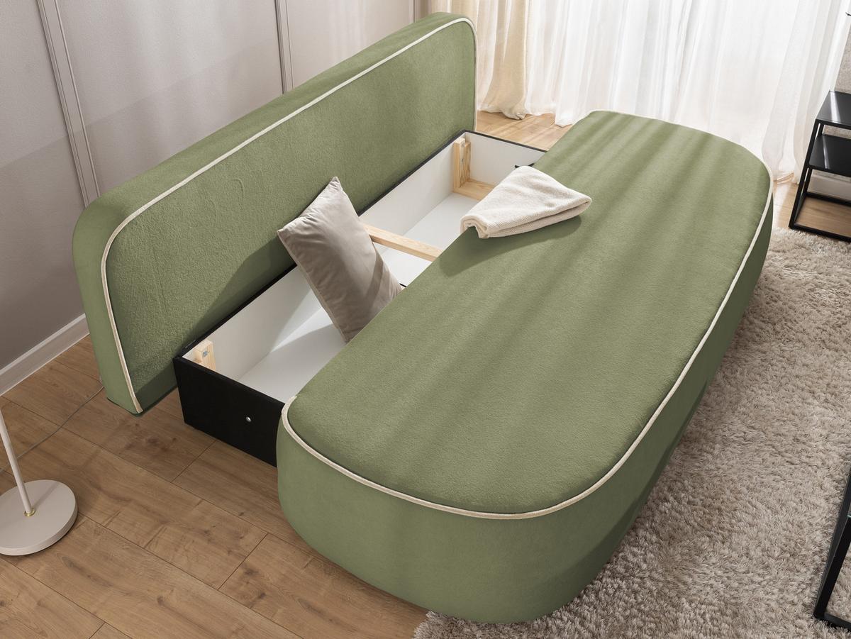 KINDERSOFA Vero im modernen und abgerundeten Design mit Schlaffunktion und Bettkasten aus Olivgrün Plüschstoff mit beiger Paspel - Schwarz/Olivgrün, Holz/Kunststoff (210/90/98cm) - S-Style Möbel