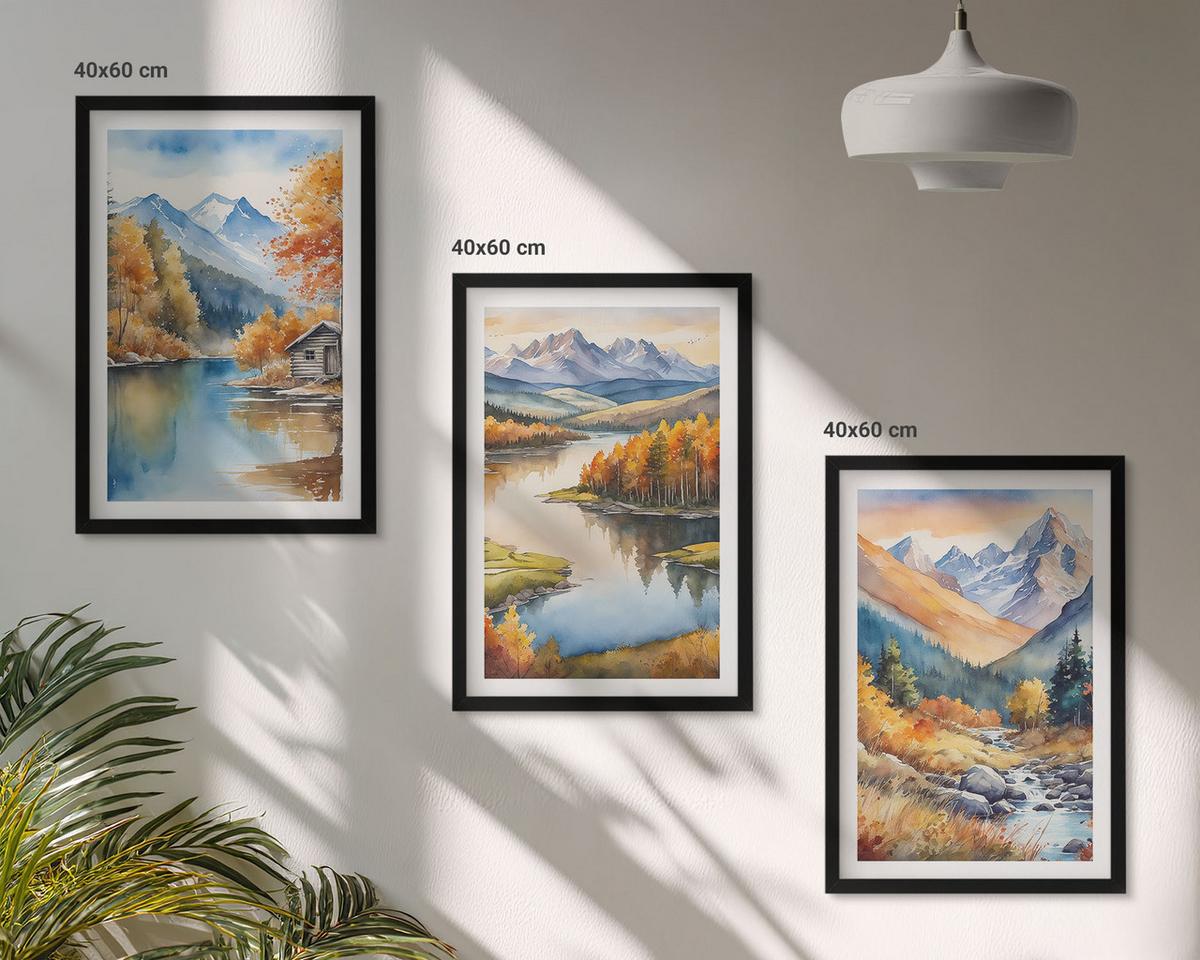 BILDER SET 3er Set - 40x60 cm Schwarzer Rahmen - Gebirgsflüsse, Herbstbäume - Schwarz, Kunststoff (40/60cm) - TULUP