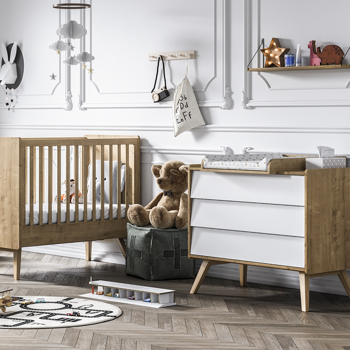 BABYZIMMER 2-teilig Eiche und Weiß - Weiß, Holzwerkstoff (125/103/65cm) - Petits-meubles