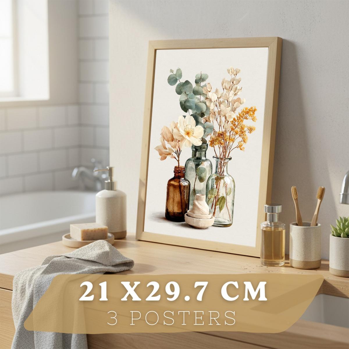 POSTER 3er-Set dekorative Badezimmer-Wandbilder und für Waschbecken, Dusche, WC mit Kerzen, Seifen und Blumen, farbenfroher Leichter Holzrahmen A4 - Beige, Papier (29.7/21/3cm) - Nacnic