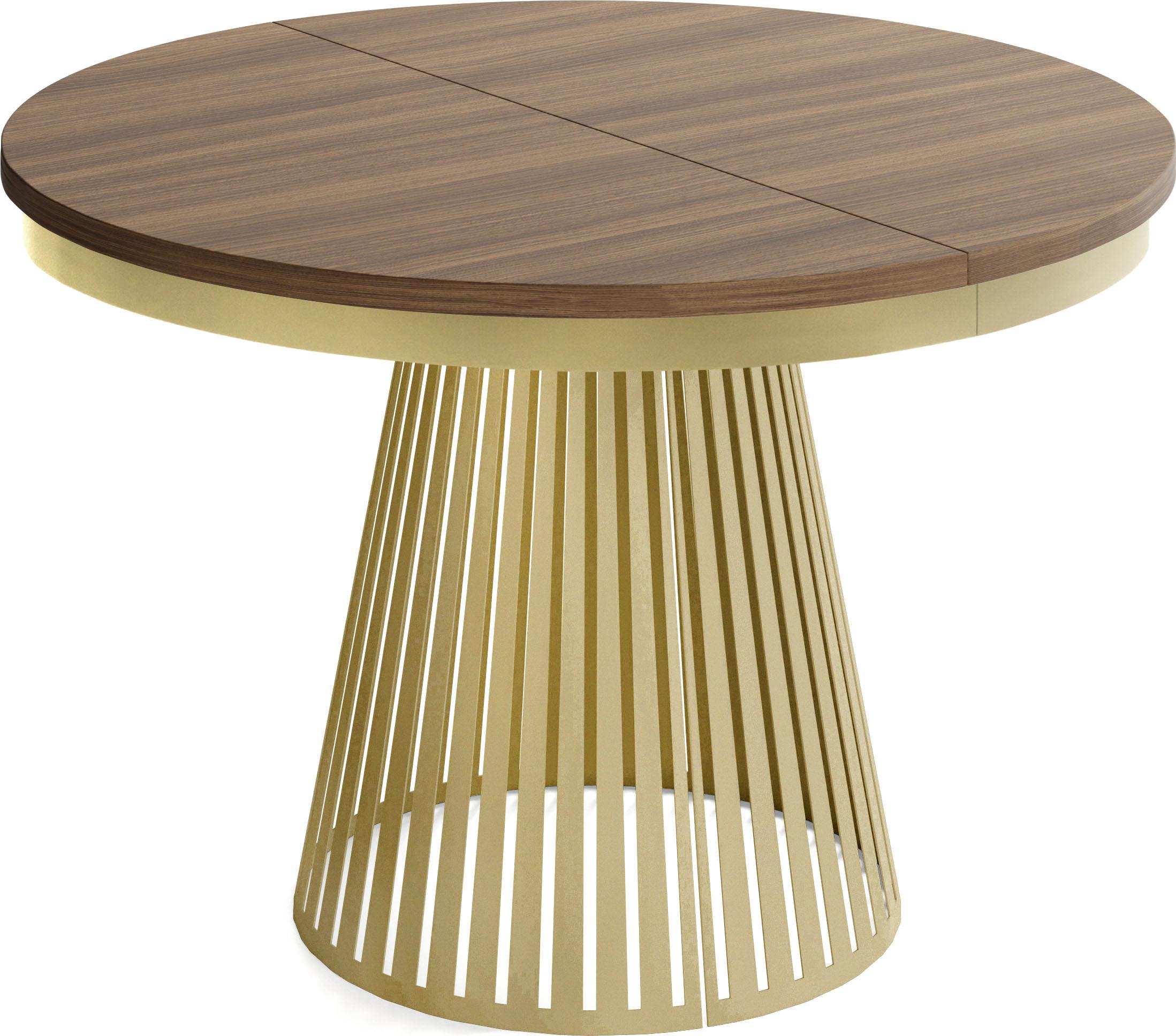 ESSTISCH Naro rund ausziehbar mit Goldem Lamellen-Metallgestell, Walnuss Braun 100-180/100/76 cm - Goldfarben/Walnussfarben, Holzwerkstoff/Metall (100/180/76cm) - WFL GROUP