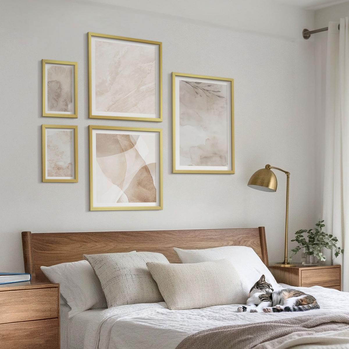 BILDER SET 5er Set - 50x50 cm & 20x30 cm & 40x60 cm Goldrahmen - Aquarellfarben, Boho-Texturen - Goldfarben, Kunststoff (40/60cm) - TULUP