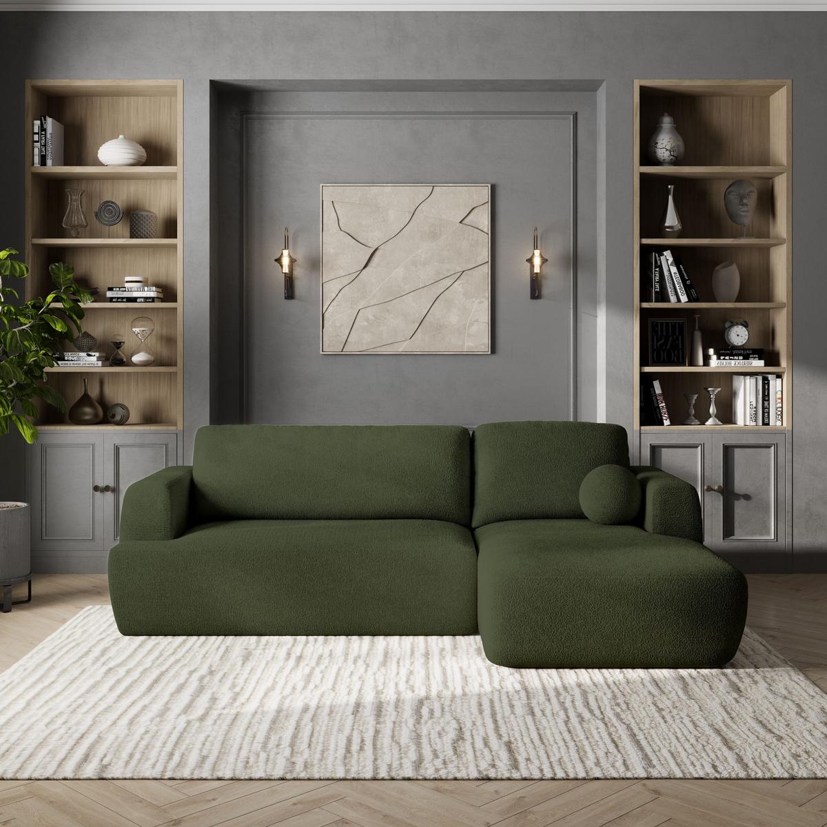ECKSOFA SENTI N R-S Grün Boucle-Stoff mit Schlaffunktion - Schwarz/Grün, Holz/Kunststoff (246/148cm) - MASSENO