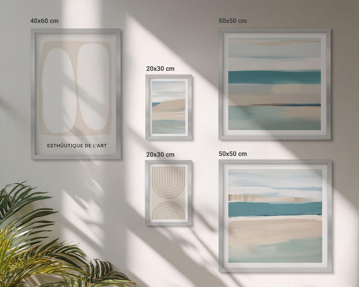 BILDER SET 5er Set - 50x50 cm & 20x30 cm & 40x60 cm Silberner Rahmen - Abstrakte blaue Landschaften - Silberfarben, Kunststoff (40/60cm) - TULUP