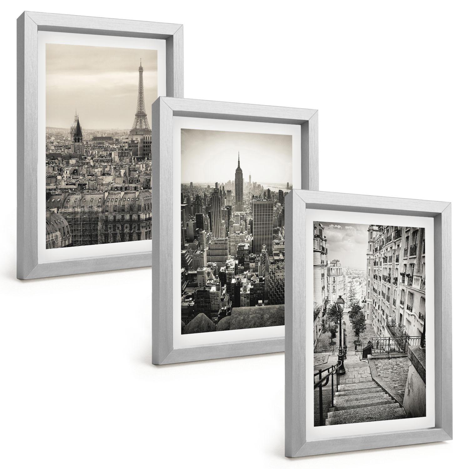 BILDER SET 3er Set - 20x30 cm Silberner Rahmen - Aussicht Paris New York Treppen - Silberfarben, Kunststoff (20/30cm) - TULUP