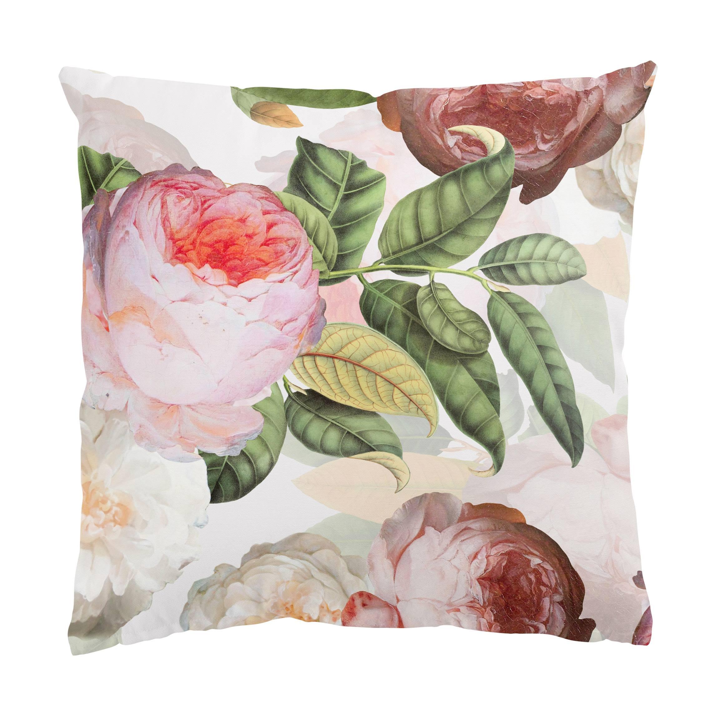 DEKOKISSEN Pfingstrosen mit Blättern 40/40 cm - Rosa, Textil (40/40/10cm) - Bilderwelten