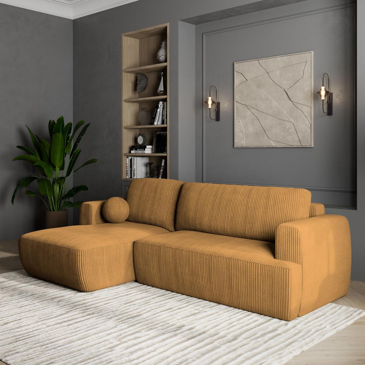ECKSOFA SENTI P L-S Gelb Kordstoff mit Schlaffunktion - Gelb/Schwarz, Holz/Kunststoff (246/148cm) - MASSENO