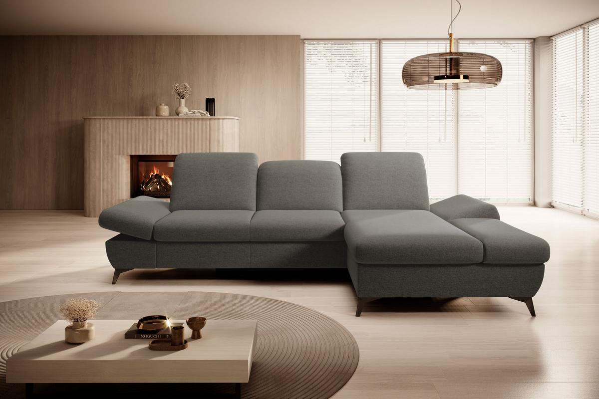 ECKSOFA FELICE R-S Grau Geflochtener Stoff mit Schlaffunktion - Grau, Holz (284/166cm) - MASSENO